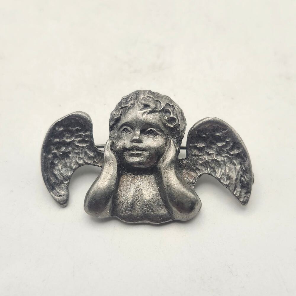 Vintage Style Pewter Tone Cherub Angel Brooch Silver Winged Putto Religious Pin